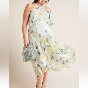 ANTHROPOLOGIE Garden Party Halter Top Tiered Abstract Floral Dress SZ: 12